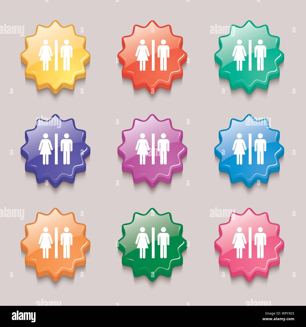 silhouette of a man and a woman icon sign. symbol on nine wavy ...