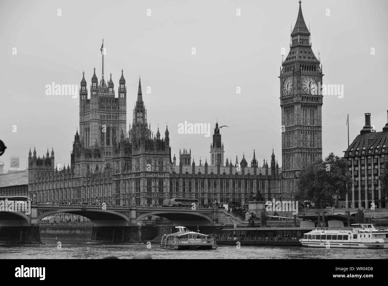 Big ben clock tower and parliament house at city of Black and White