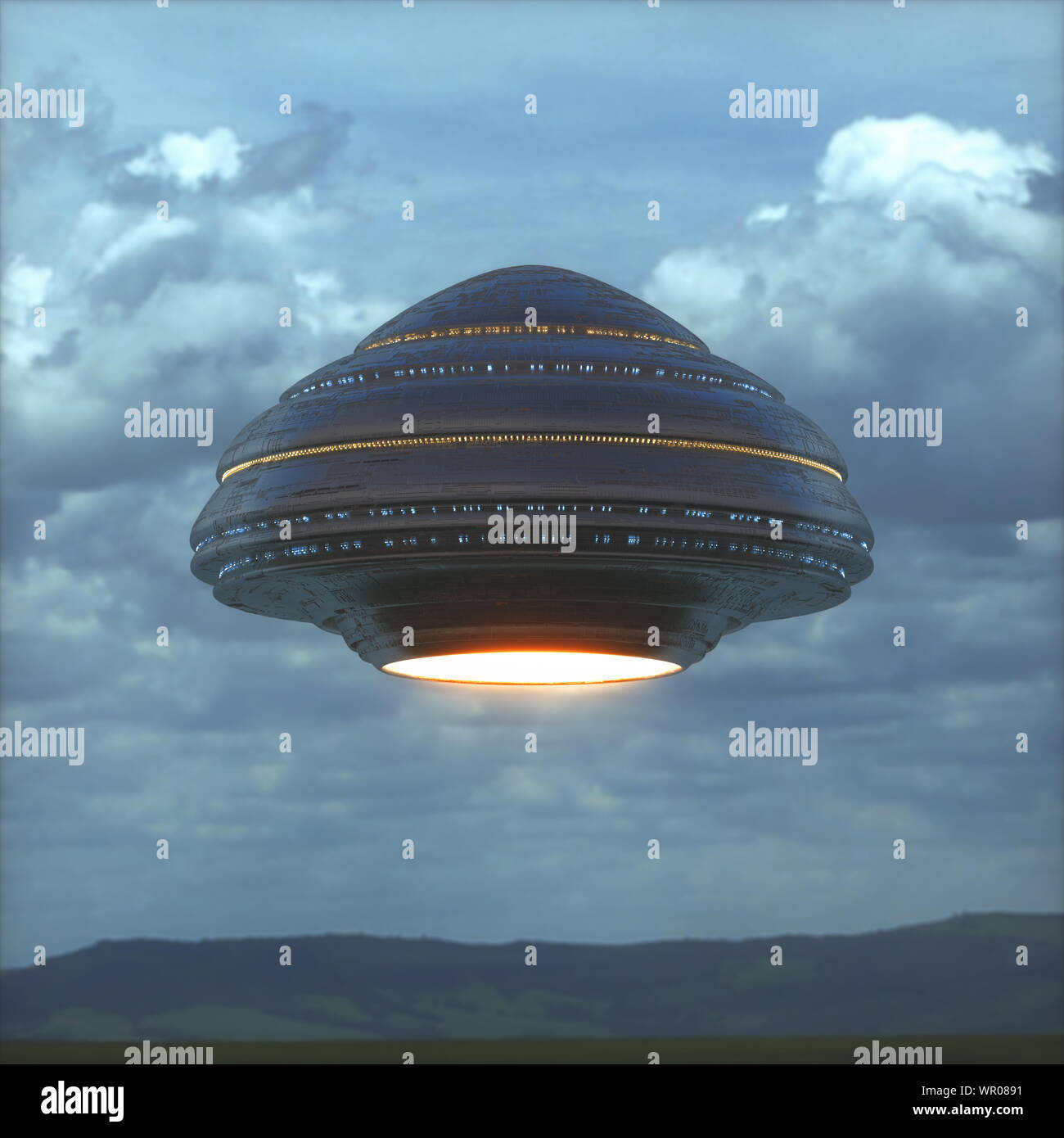 Unidentified flying object - UFO. Science Fiction image concept of ufology and life out of planet Earth. 3D illustration. Stock Photo