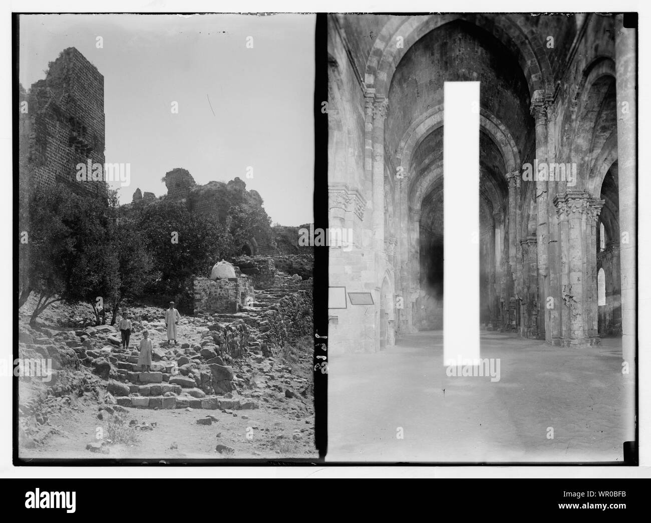 Margab Castle. Approach to entrance of castle; [Interior view of Crusader Cathedral at Tartous] Stock Photo