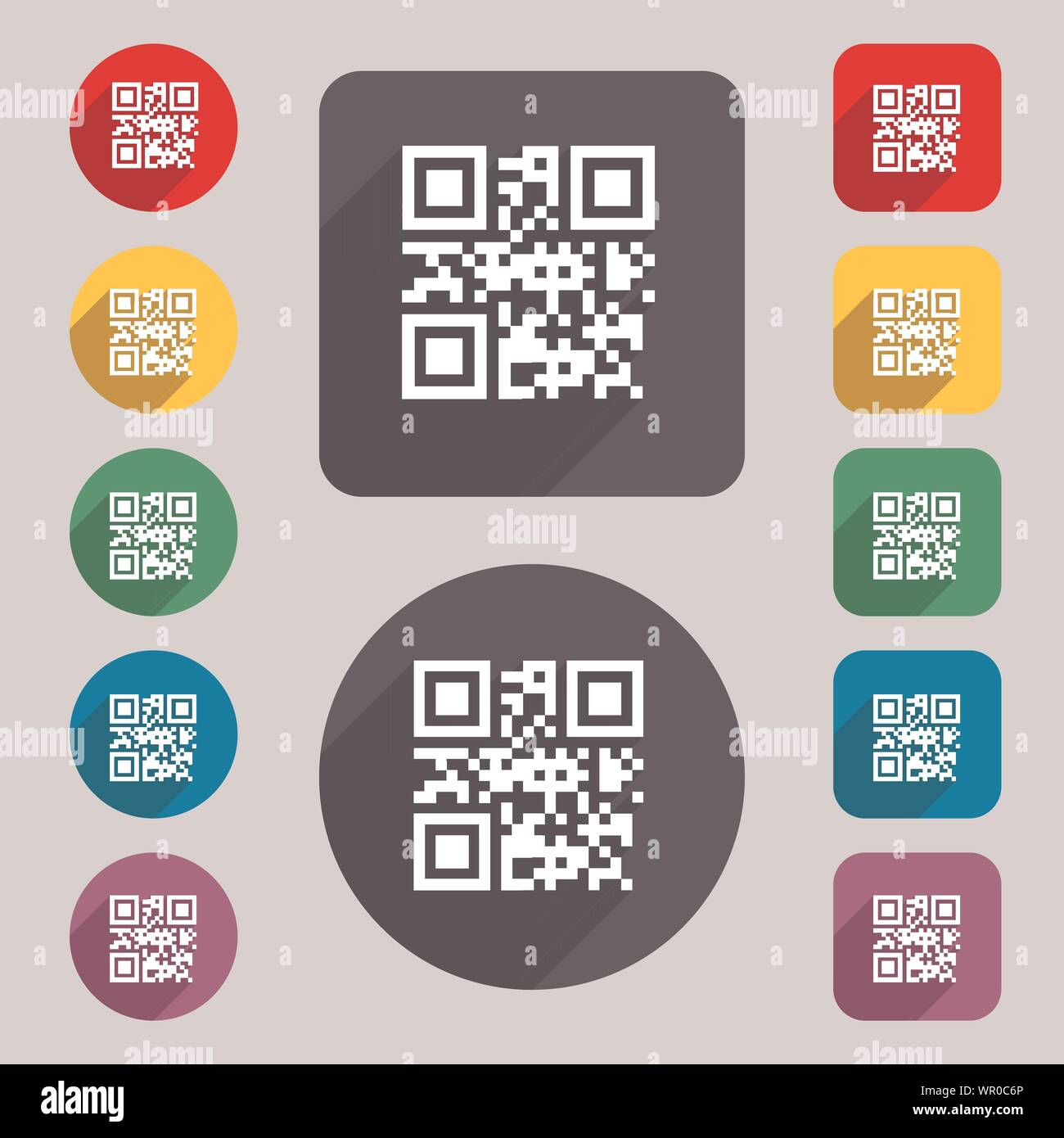 Qr code icon sign. A set of 12 colored buttons and a long shadow. Flat ...
