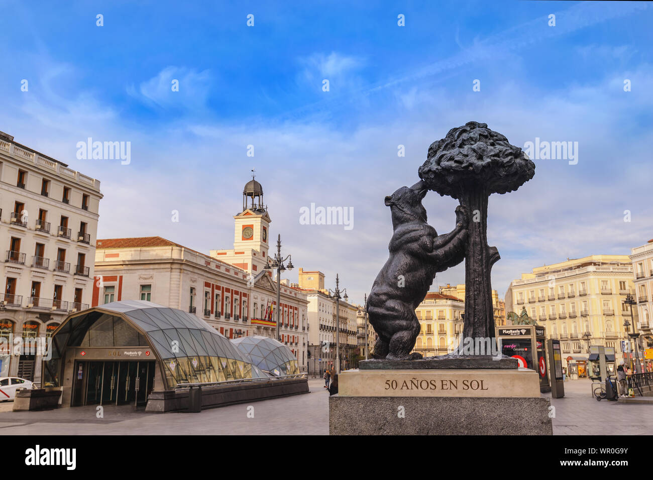 Madrid, Spain - April 14, 2019: Madrid Spain city skyline at Puerta del Sol square with statue of the bear and the strawberry tree Stock Photo