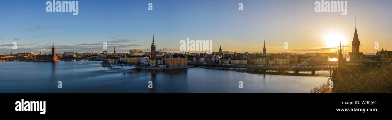 Stockholm Sweden, panorama sunrise city skyline at Gamla Stan and Slussen Stock Photo