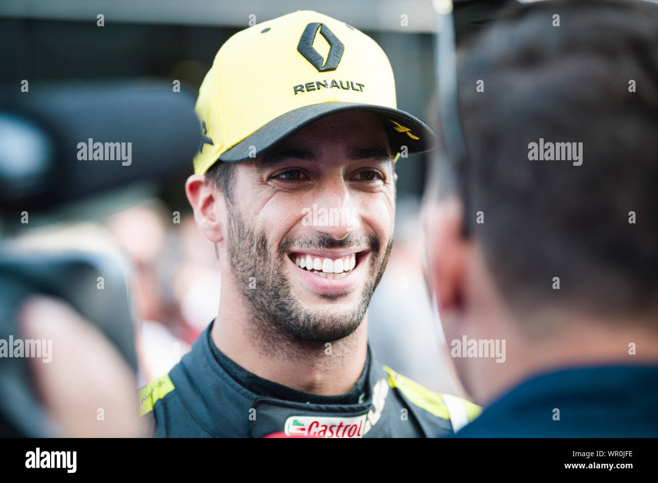Monza, Italy. 07th Sep, 2019. Renault Sport F1 Team's Australian driver Daniel Ricciardo speaks to the media after the qualifying session of the Italian F1 Grand Prix at the Autodromo Nazionale di Monza. Credit: SOPA Images Limited/Alamy Live News Stock Photo