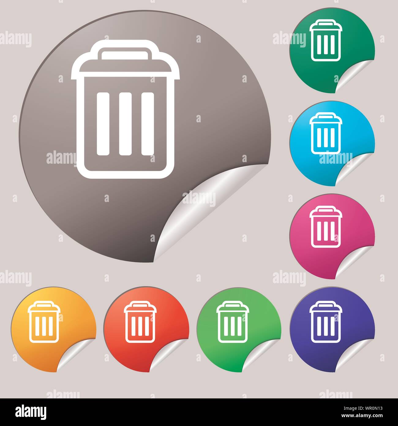 the trash icon sign. Set of eight multi colored round buttons, stickers ...