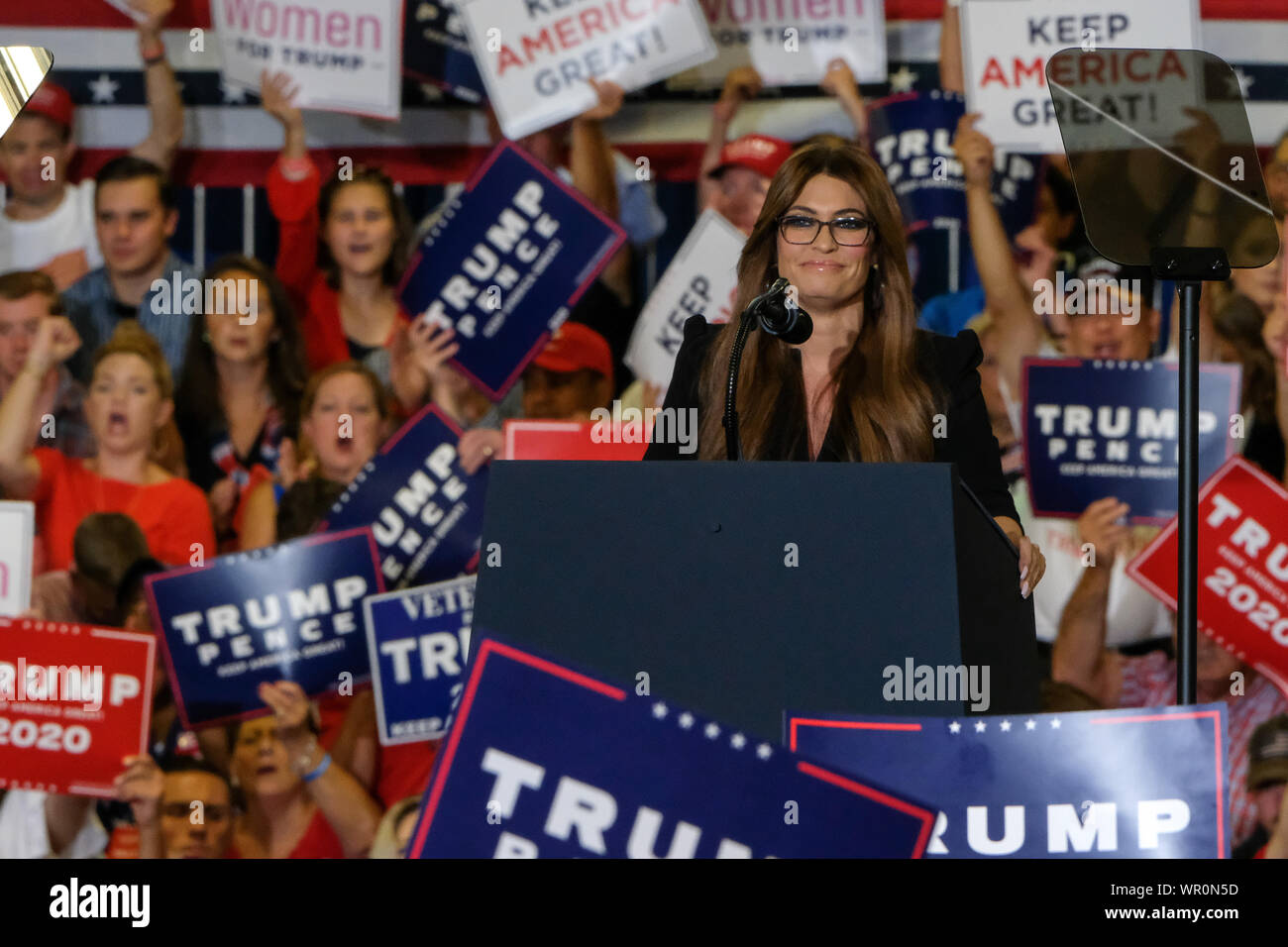 Fayetteville, United States. 09th Sep, 2019. Trump 2020 adviser Kimberly Guilfoyle speaks during the MAGA rally in Fayetteville. Credit: SOPA Images Limited/Alamy Live News Stock Photo