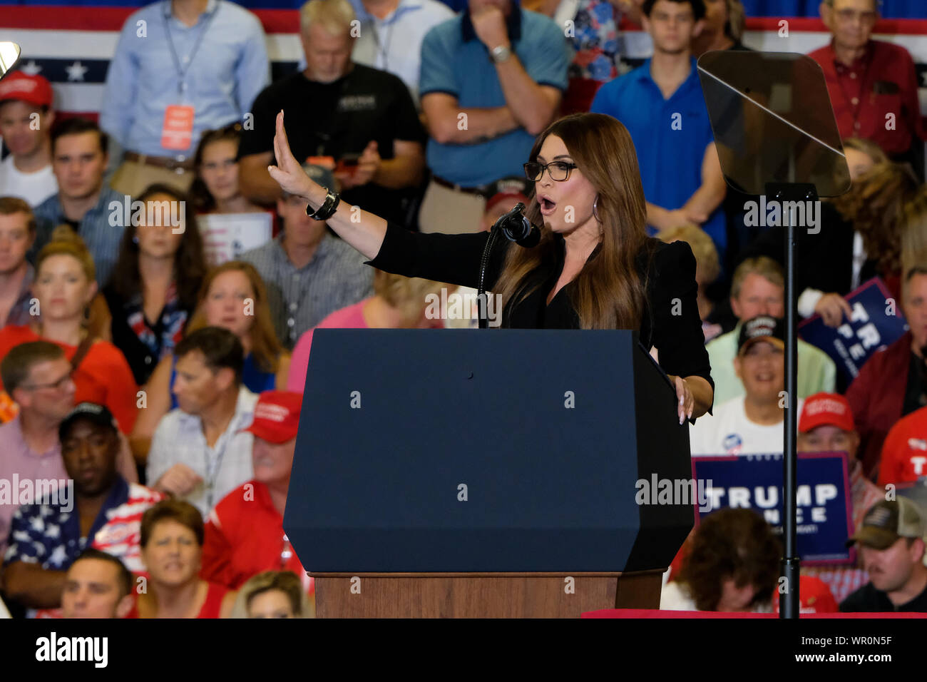 Fayetteville, United States. 09th Sep, 2019. Trump 2020 adviser Kimberly Guilfoyle speaks during the MAGA rally in Fayetteville. Credit: SOPA Images Limited/Alamy Live News Stock Photo