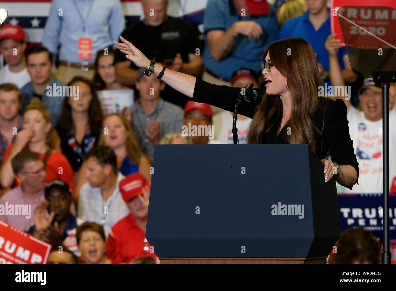 Fayetteville, United States. 09th Sep, 2019. Trump 2020 adviser Kimberly Guilfoyle speaks during the MAGA rally in Fayetteville. Credit: SOPA Images Limited/Alamy Live News Stock Photo