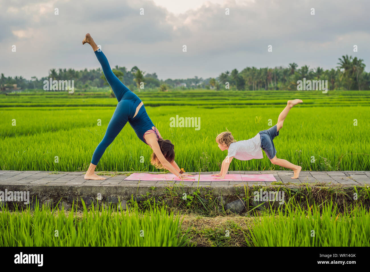 Boy and his yoga teacher doing yoga in a rice field Stock Photo - Alamy