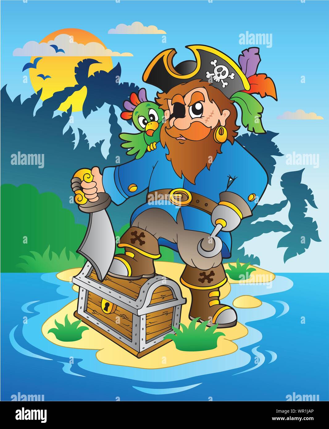 Pirate standing on chest on island Stock Vector