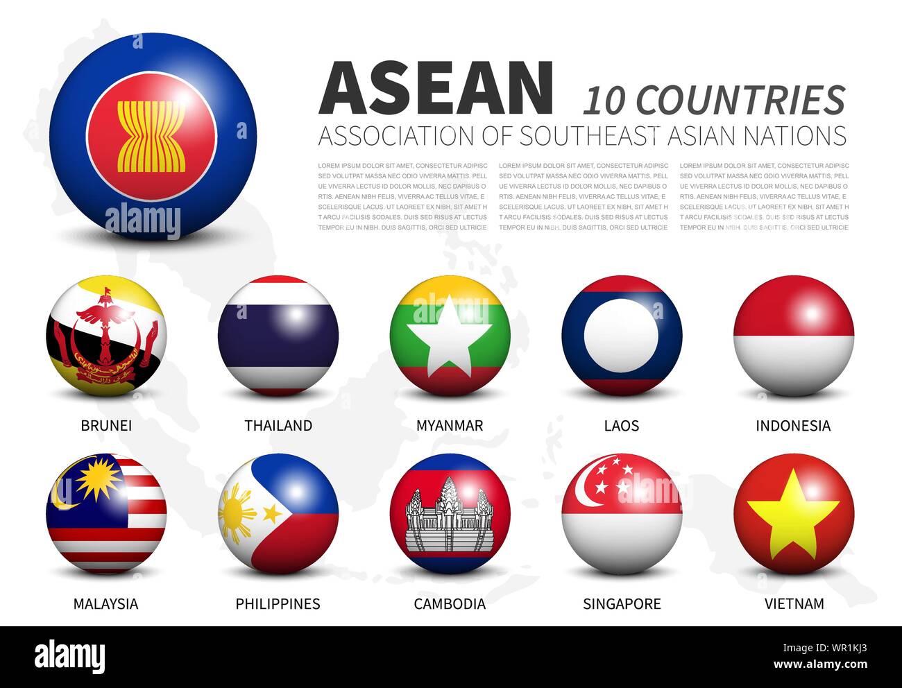 ASEAN . Association of Southeast Asian Nations . 3D circle balls and member flags design . Southeast asia map with white isolated background . Vector Stock Vector