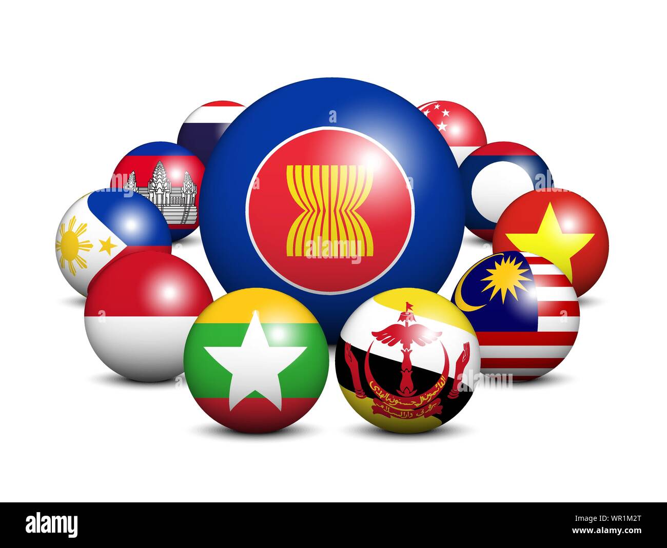 ASEAN . Association of Southeast Asian Nations . 3D circle balls and member flags design . White isolated background . Vector . Stock Vector