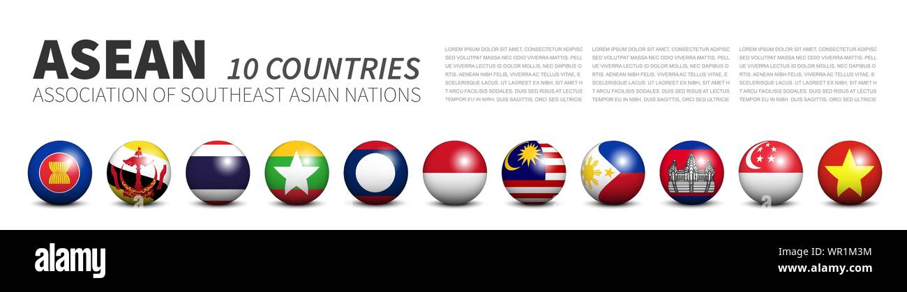 ASEAN . Association of Southeast Asian Nations . Banner 3D circle balls line up and member flags design . White isolated background . Vector . Stock Vector
