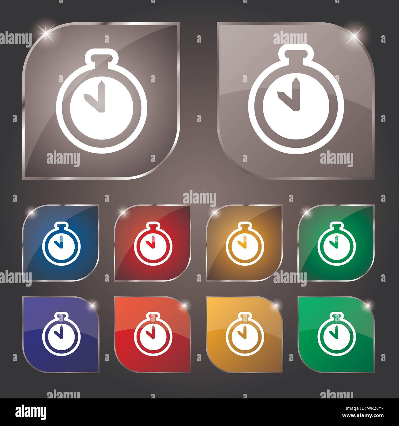 The stopwatch icon sign. Set of ten colorful buttons with glare. Vector