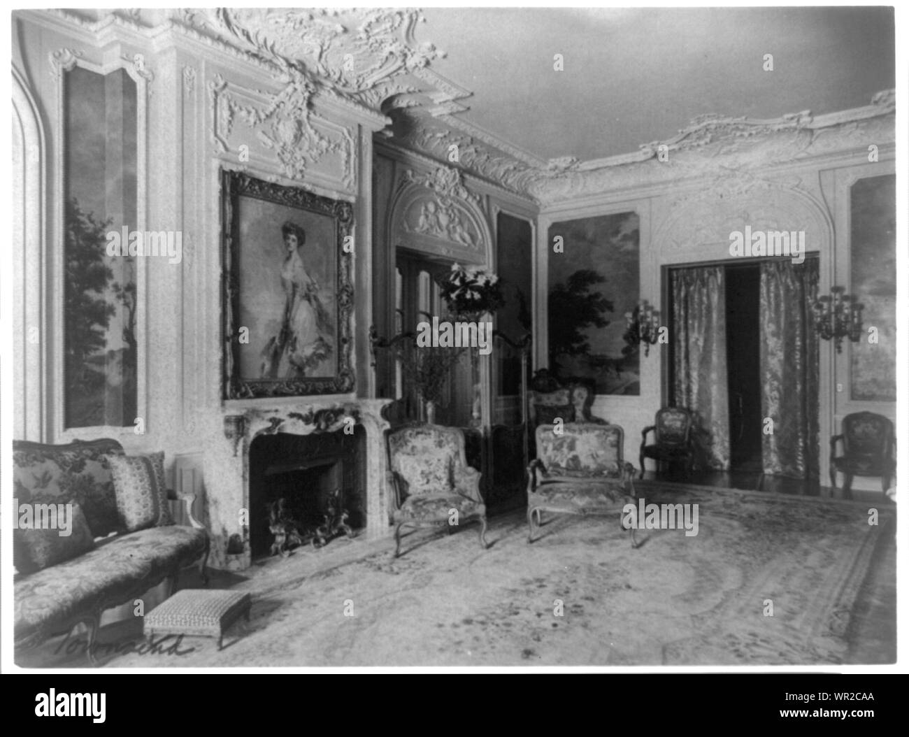 Mary Scott Townsend House, Wash., D.C.: Living room with fireplace ...