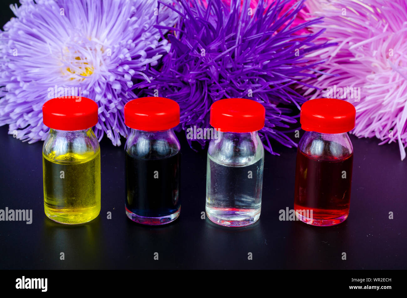 Glass bottles of essential oil with fresh flowers on black background.  Stock Photo