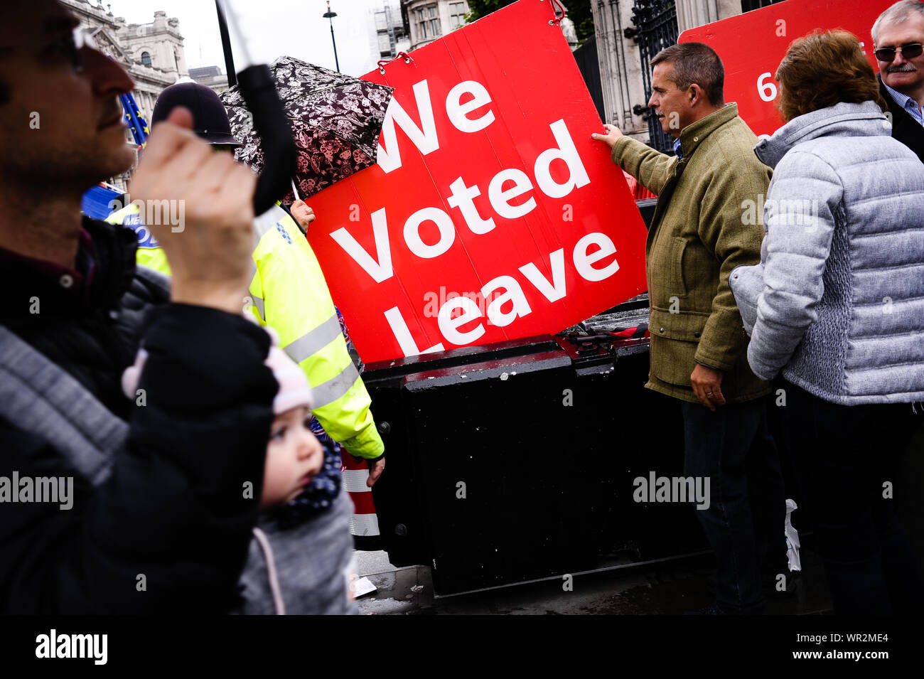 London, UK. 09th Sep, 2019. Pro-Brexit activists demonstrate outside the Houses of Parliament in London on the day of the prorogation of the parliamentary session, which will see parliamentary activities suspended until mid-October. Credit: SOPA Images Limited/Alamy Live News Stock Photo