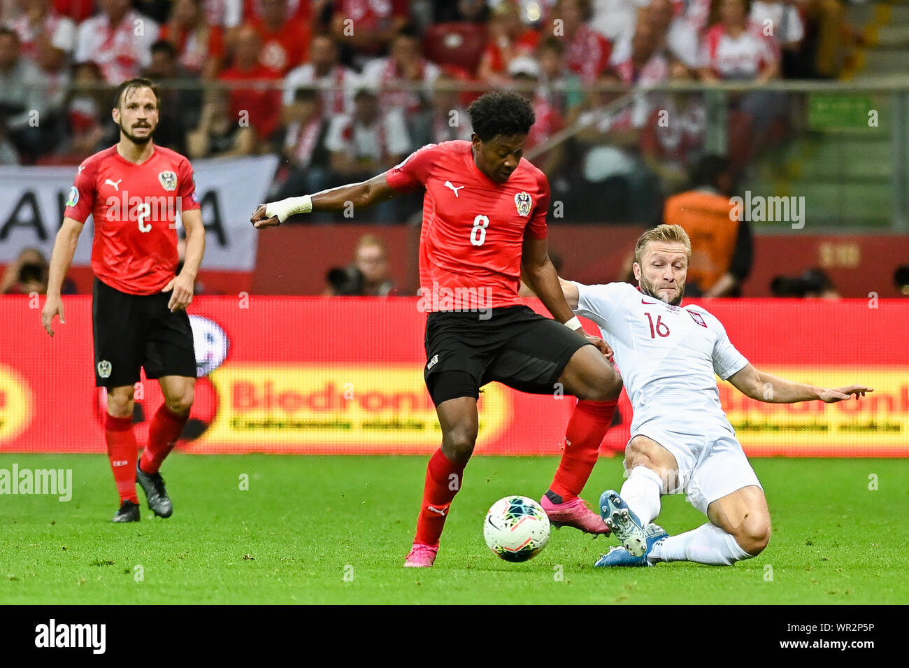 Warsaw, Poland. 09th Sep, 2019. David Alaba from Austria (L) and Jakub Blaszczykowski from Poland (R) are seen in action during the Euro 2020 Qualifiers (Group G) match between Poland and Austria.(Final score; Poland 0:0 Austria) Credit: SOPA Images Limited/Alamy Live News Stock Photo
