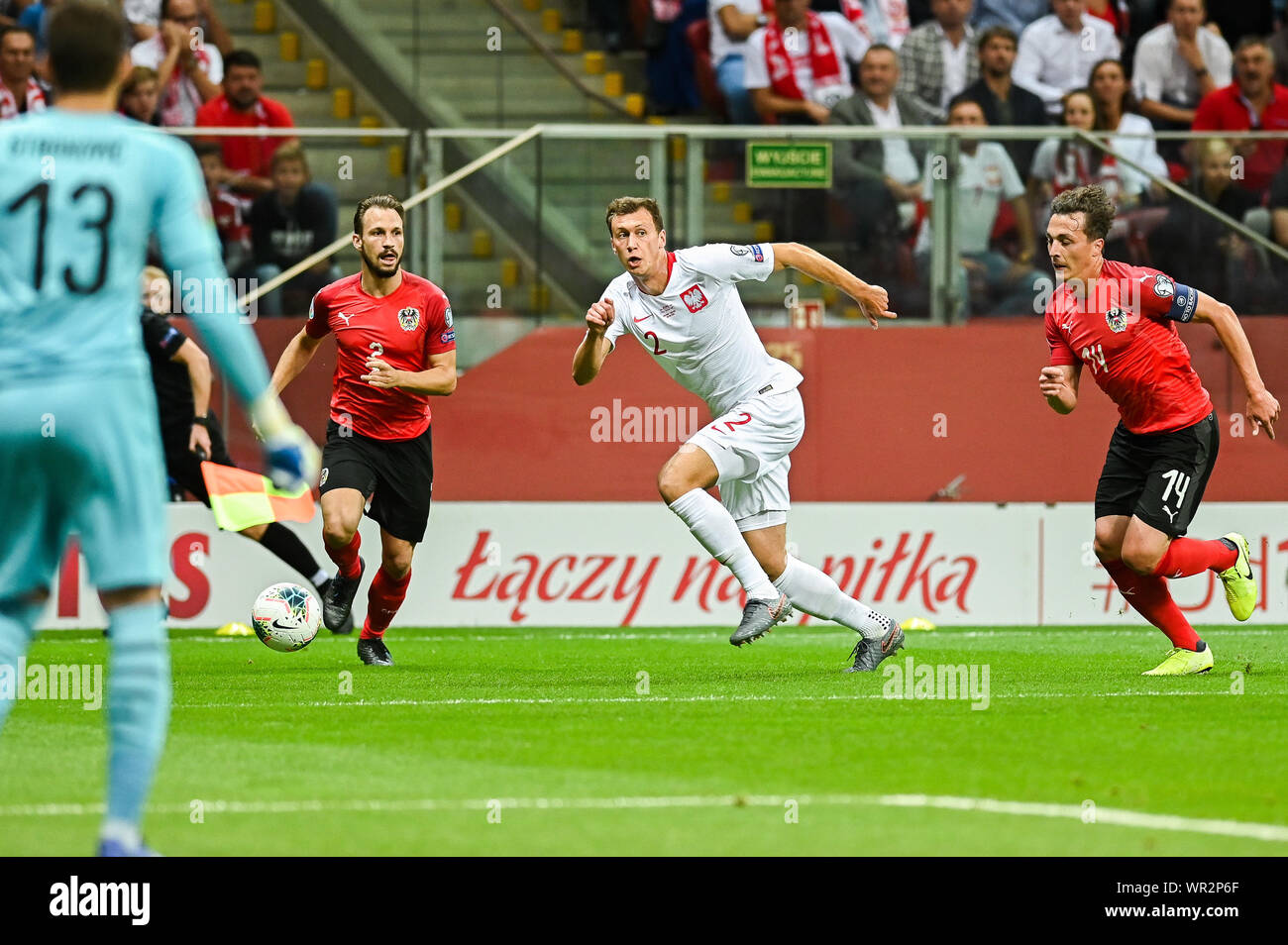 Warsaw, Poland. 09th Sep, 2019. Andreas Ulmer from Austria (L) Krystian Bielik from Poland (C) and Julian Baumgartlinger from Austria (R) are seen in action during the Euro 2020 Qualifiers (Group G) match between Poland and Austria.(Final score; Poland 0:0 Austria) Credit: SOPA Images Limited/Alamy Live News Stock Photo