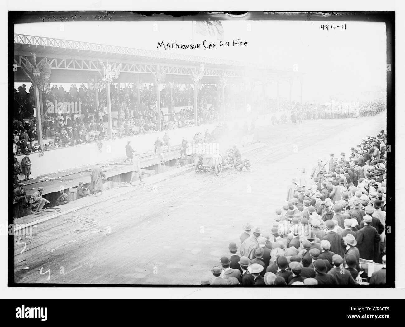 Mathewson car on fire [Vanderbilt Cup Auto Race] Stock Photo Alamy