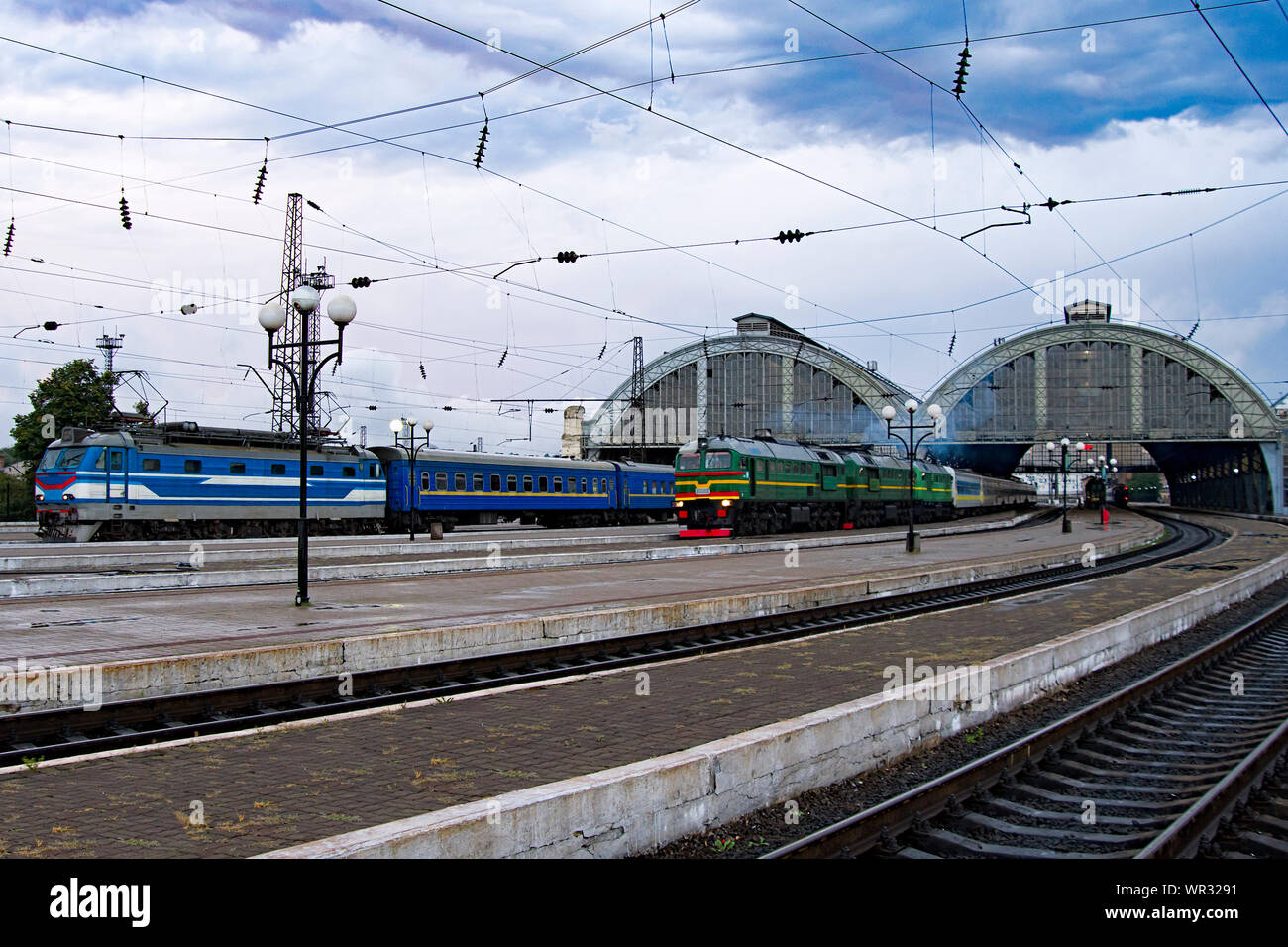 train at railway station. platform. travel concept Stock Photo