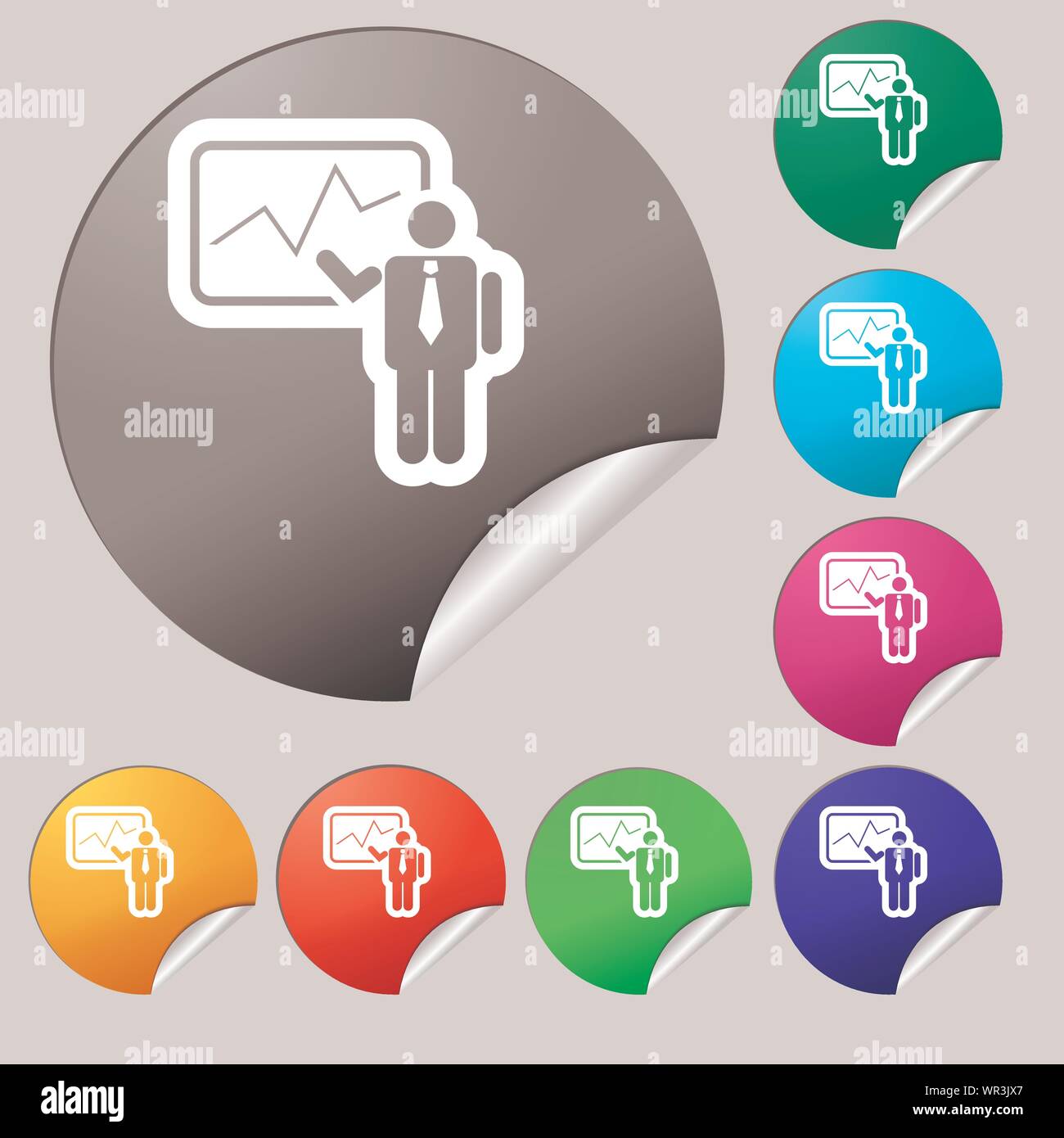 businessman making report icon sign. Set of eight multi colored round ...