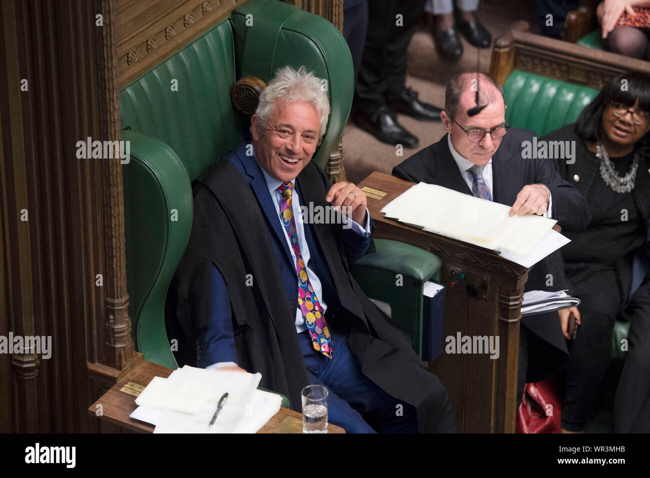 London, UK. 9th Sep 2019. John Bercow, speaker of the House of Commons, announces his intention to step down in London, Britain, on Sept. 9, 2019. British lawmakers on Monday night voted to reject Prime Minister Boris Johnson's second bid for a snap general election, dealing another heavy blow to his Brexit strategy. (Jessica Taylor/UK Parliament/Handout via Xinhua) HOC MANDATORY CREDIT: UK Parliament/Jessica Taylor Credit: Xinhua/Alamy Live News Stock Photo