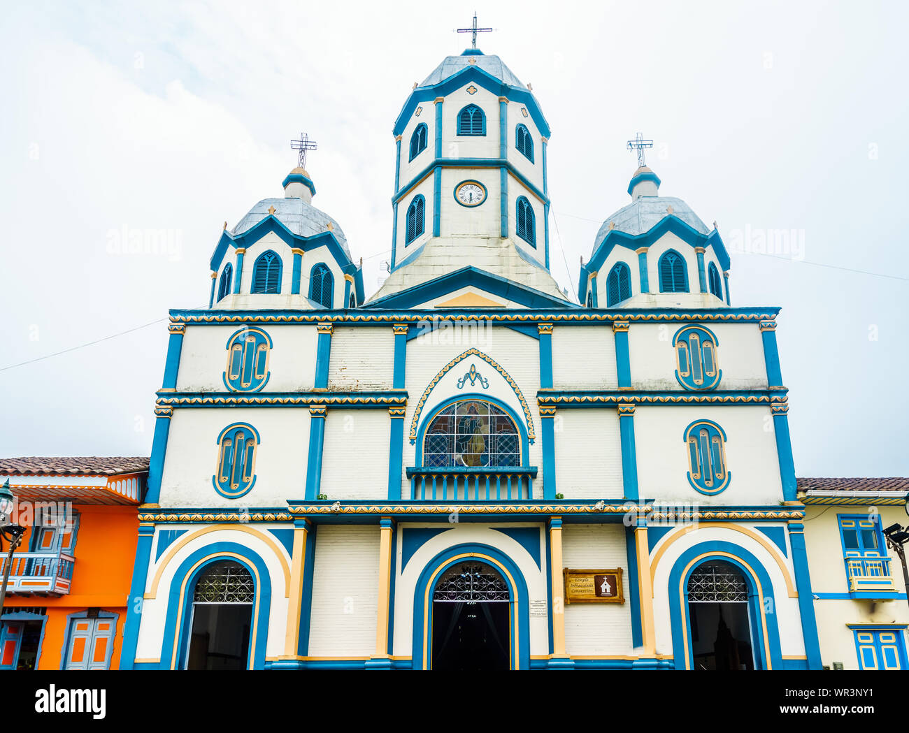 View on colonial church in the town of Filandia in Colombia Stock Photo