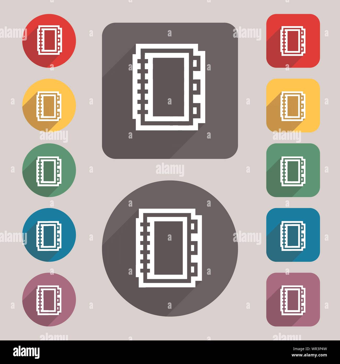 Book icon sign. A set of 12 colored buttons and a long shadow. Flat ...
