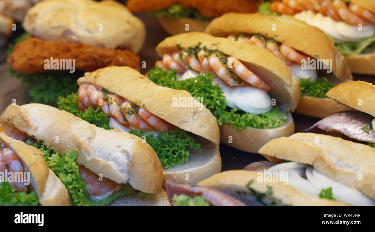 High Angle View Of Seafood Sandwiches For Sale At Market Stock Photo