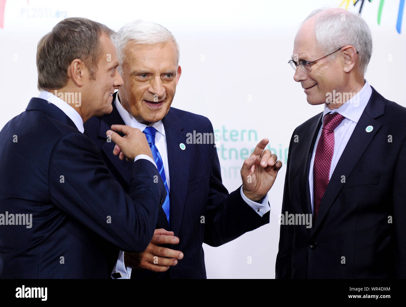29.09.2011 Warsaw, Poland. Eastern Partnership Summit. Pictured: Jerzy Buzek, Donald Tusk, Herman van Rompuy Stock Photo