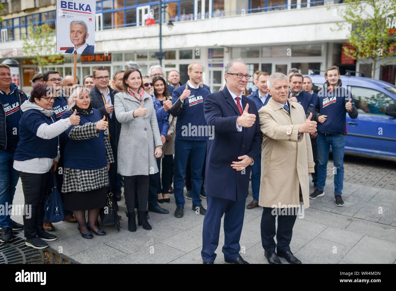 5.05.2019 Lodz, Poland. European Coalition party convention. Pictured: Marek Belka, Wlodzimierz Czarzasty Stock Photo