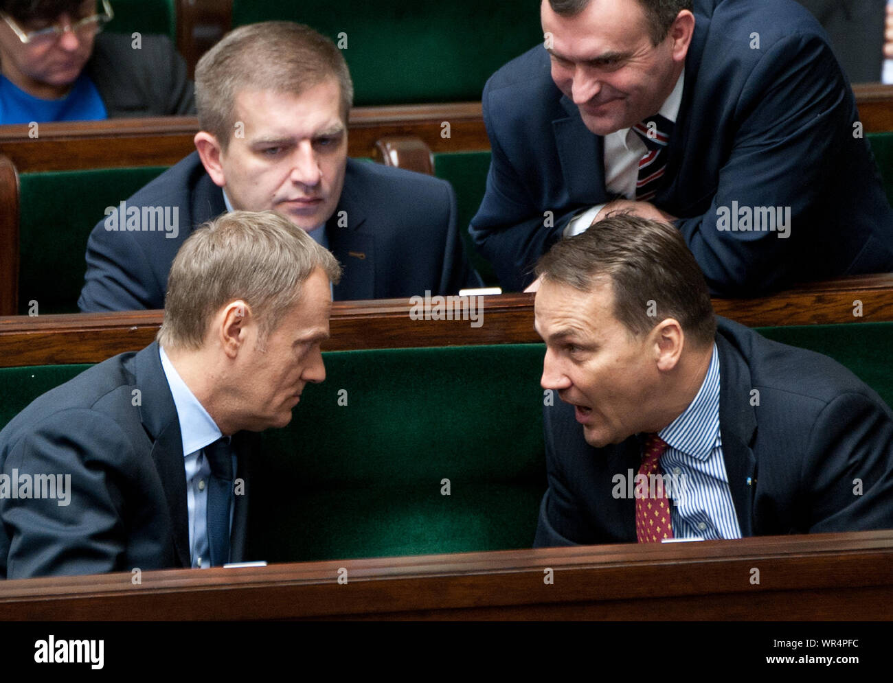 24. 01. 2014 Sejm, Warsaw, Poland. Pictured: Radoslaw Sikorski, Donald Tusk, Bartosz Arlukowicz Stock Photo