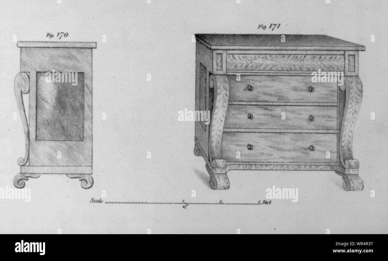 Measured drawing of chest of drawers; front and side views Stock Photo