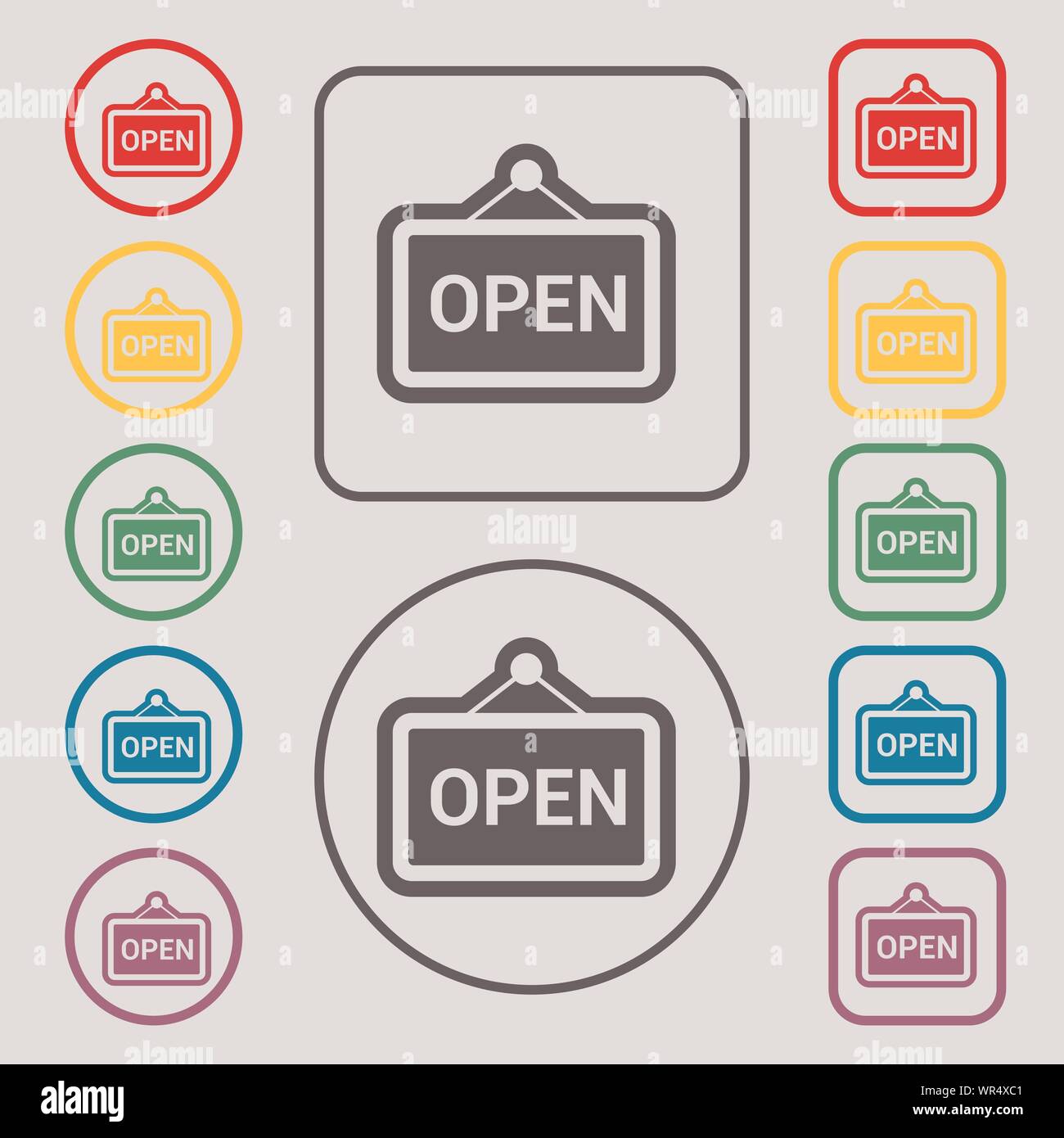 open icon sign. symbol on the Round and square buttons with frame ...