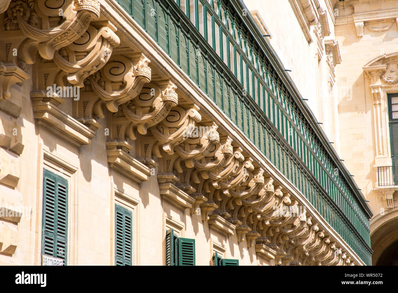 Valetta, Malta, typical balconies, on the building of the Grandmaster Palace, on Palace Square, Stock Photo
