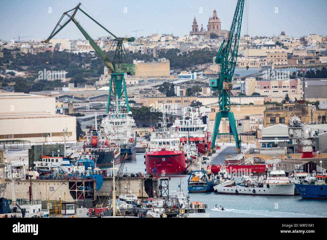 Malta, Grand Harbour, port with shipyards, docks, workshops for ships, Stock Photo