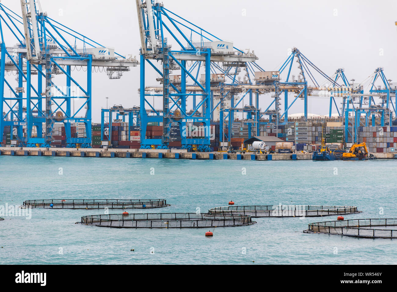 Fish farm, basin in the open sea, in the Marsaxlokk bay, in front of