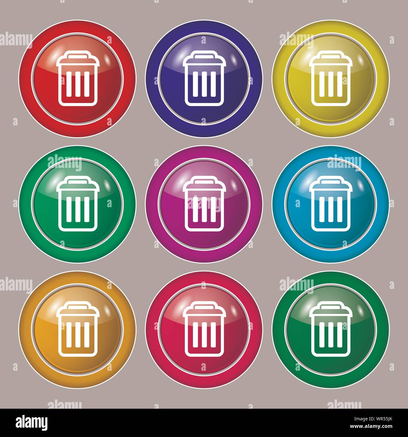 the trash icon sign. symbol on nine round colourful buttons. Vector ...