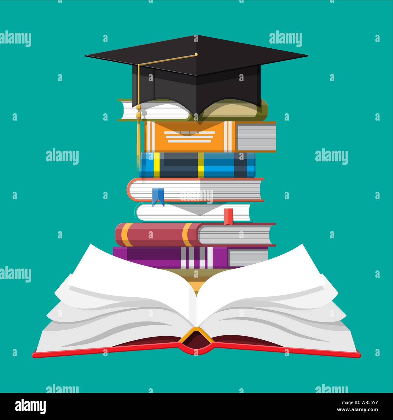 Graduation cap on stack of books. Academic and school knowledge, education  and graduation. Reading, e-book, literature, encyclopedia. Vector  illustration in flat style Stock Vector Image & Art - Alamy