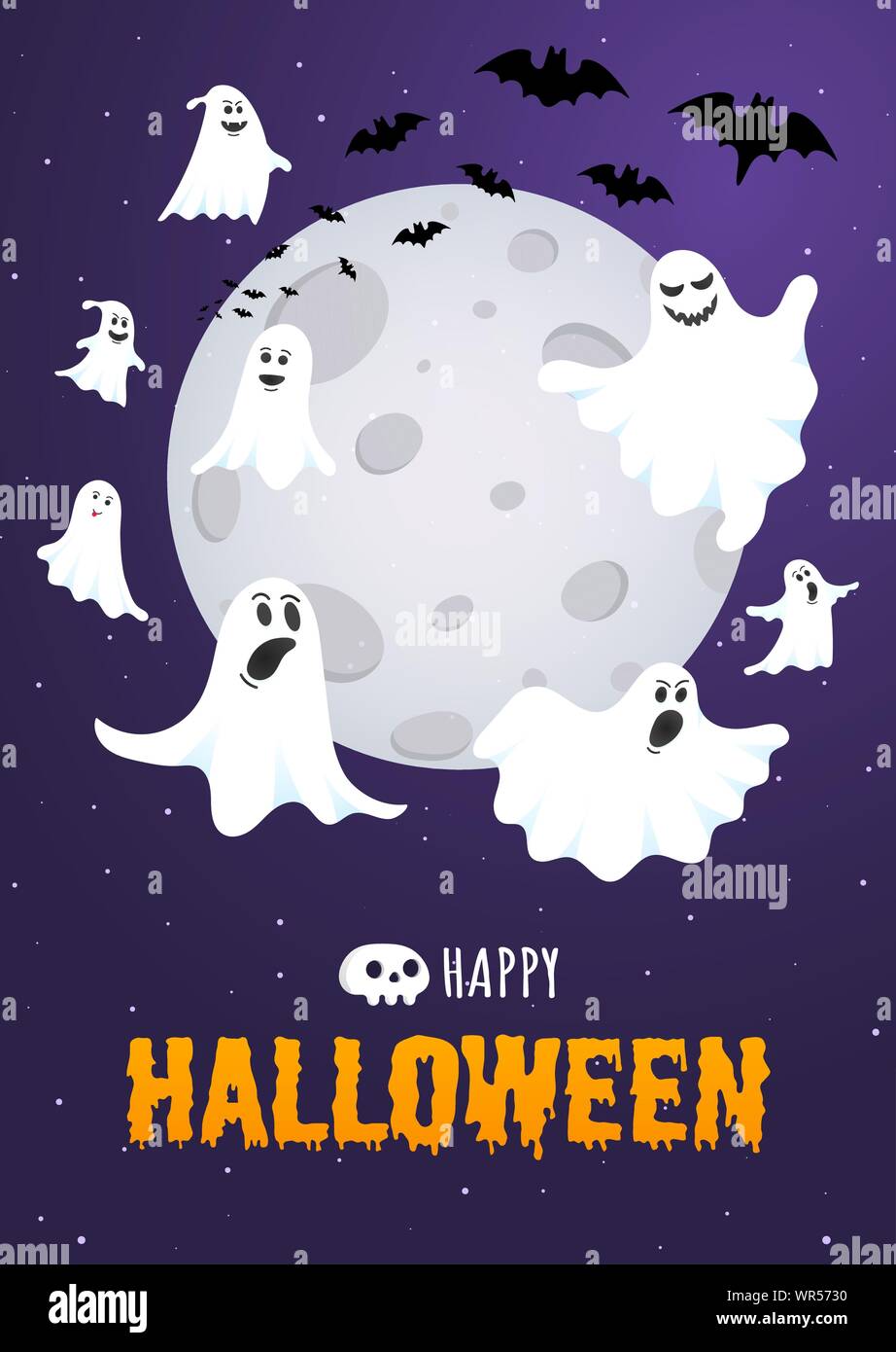 Happy Halloween Text Postcard Banner With Ghosts Scary Face Night