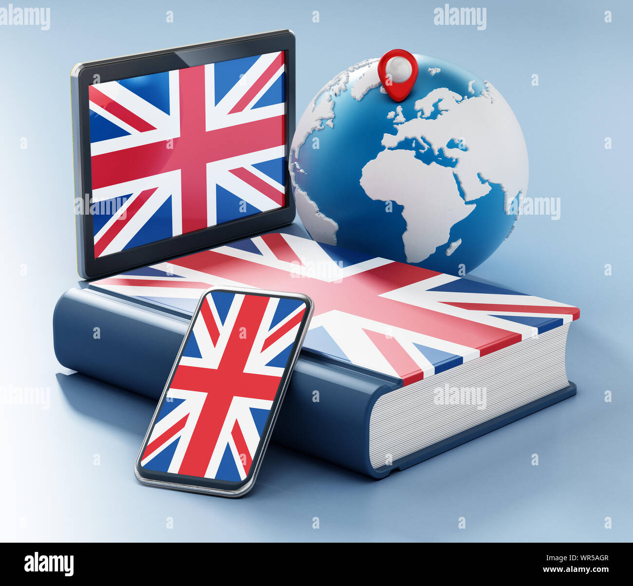 Dictionary, smartphone and tablet pc with British flag along the globe. 3D illustration. Stock Photo
