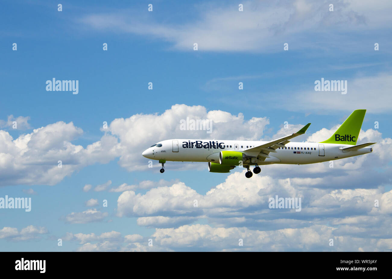 Barcelona, Spain; May 18, 2019 Airbus A220 of the Air Baltic company, landing at El Prat