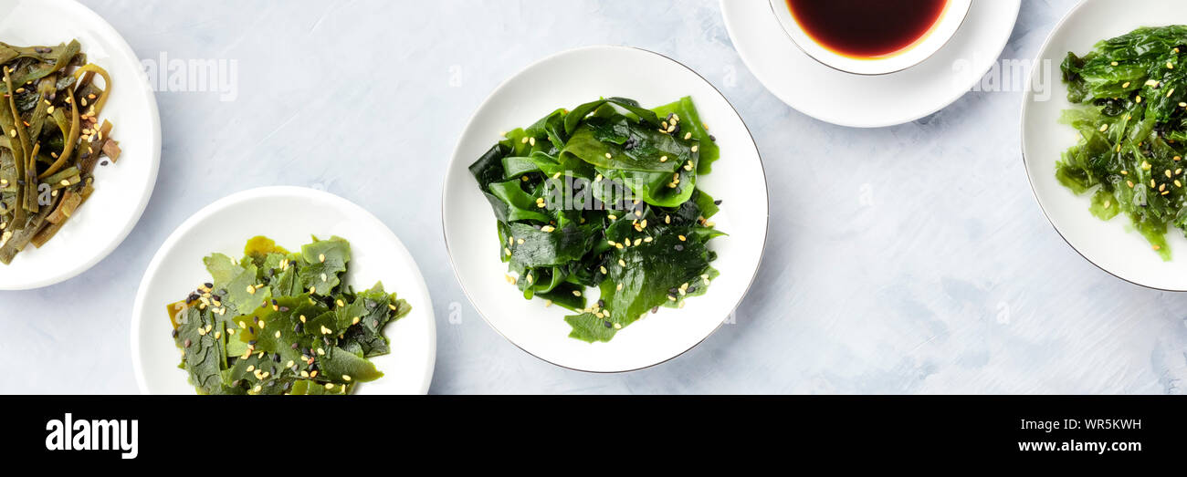 Various seaweed, sea vegetables, overhead panoramic shot. Superfoods background Stock Photo