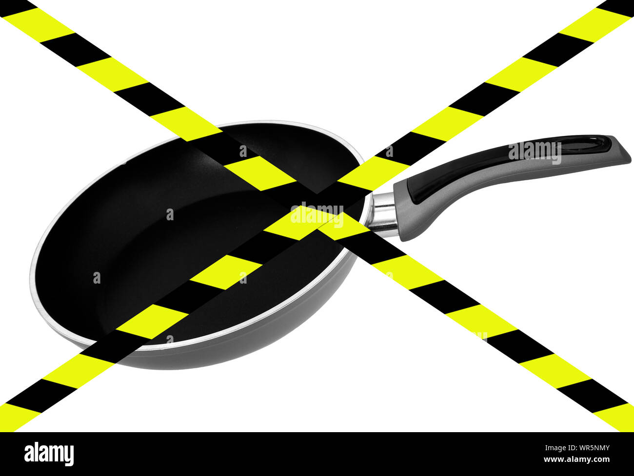 Chemicals in cookware, non stick frying pan. PFAs ie polytetrafluoroethylene, perfluoroalkyl and polyfluoroalkyl aka PFOA,PFNA, PFTE. With danger tape Stock Photo