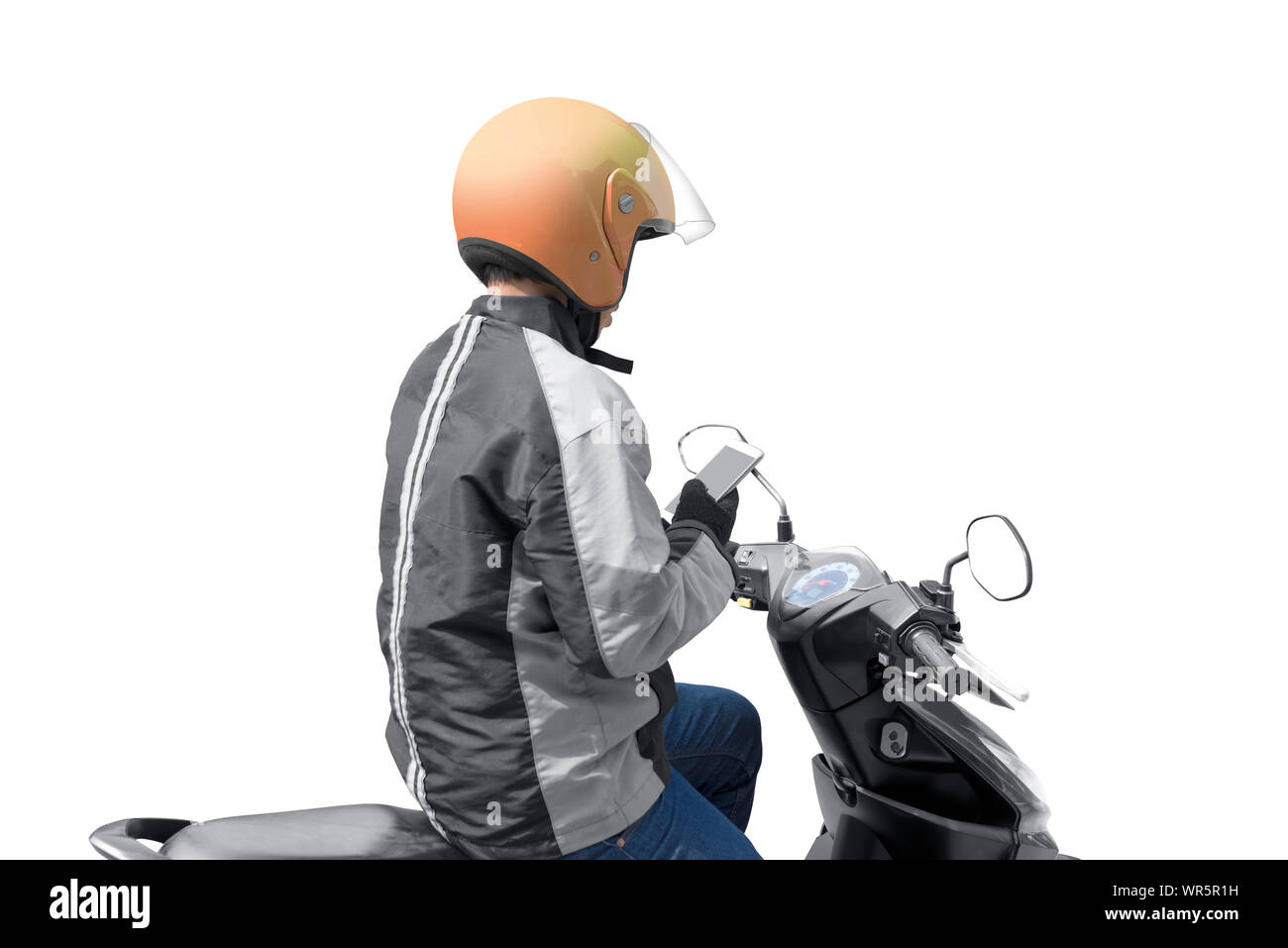Asian motorcycle taxi man checking order on his phone isolated over white  background Stock Photo - Alamy