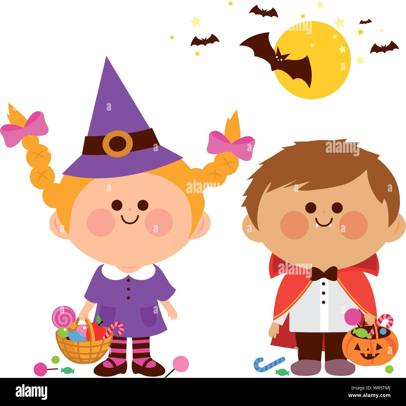 Vector Illustration of a girl and a boy in Halloween costumes, playing ...