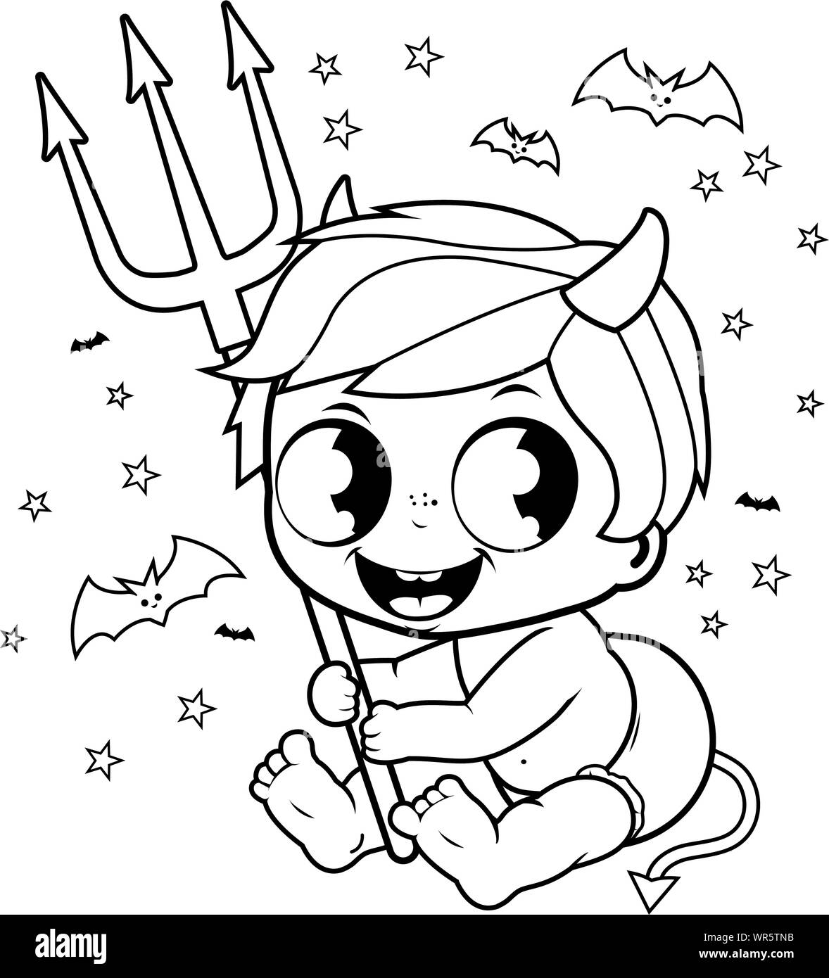 A cute baby boy in Halloween devil costume with horns and trident. Vector black and white
