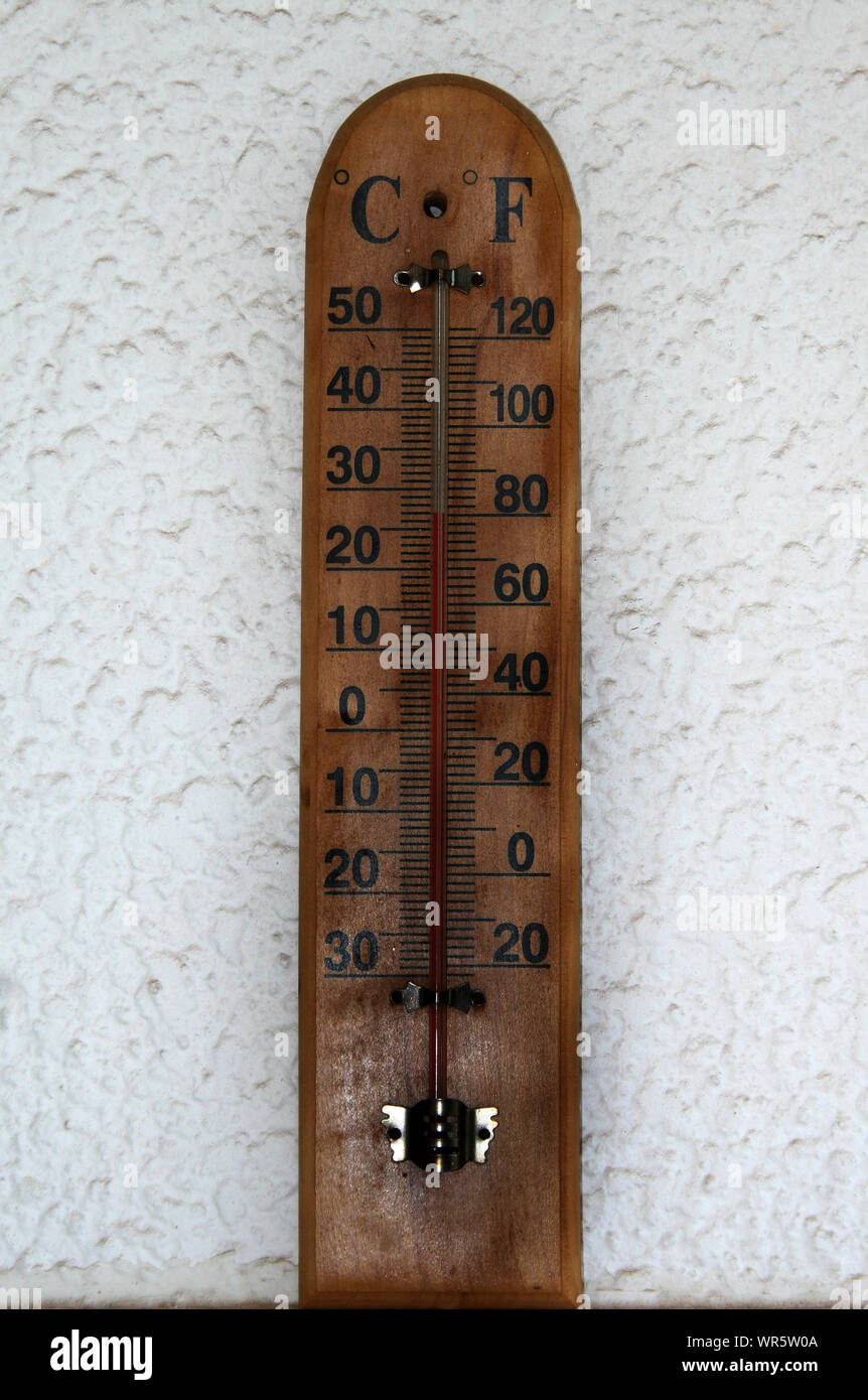 Close up of wooden thermometer, South Africa Stock Photo