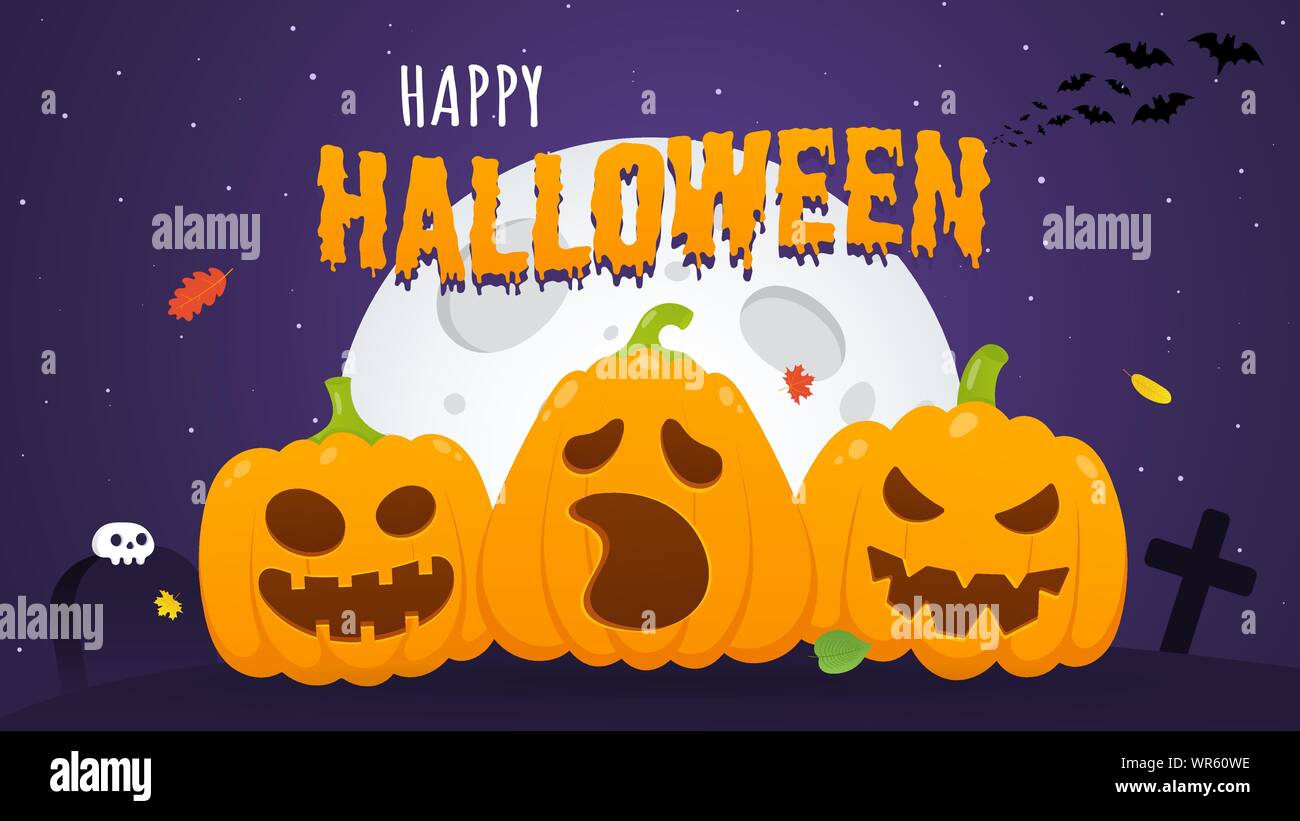 Happy halloween pumpkins with scary faces expression grimace, with moon ...
